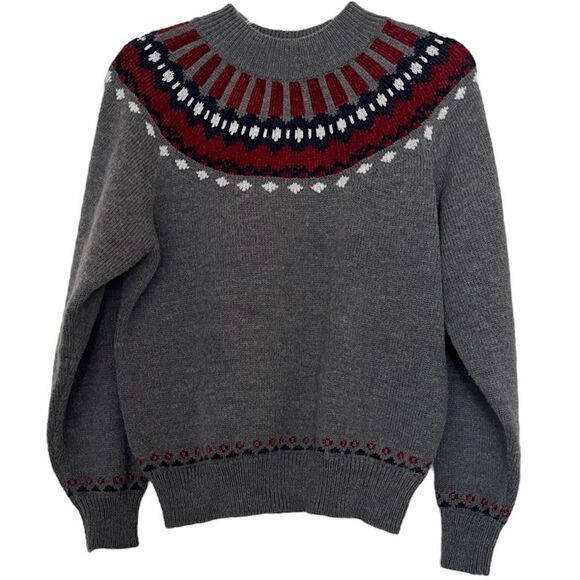 Vintage Country Suburbans Fair Isle Wool Sweater Gray Red White Blue Crew Large - Picture 1 of 7
